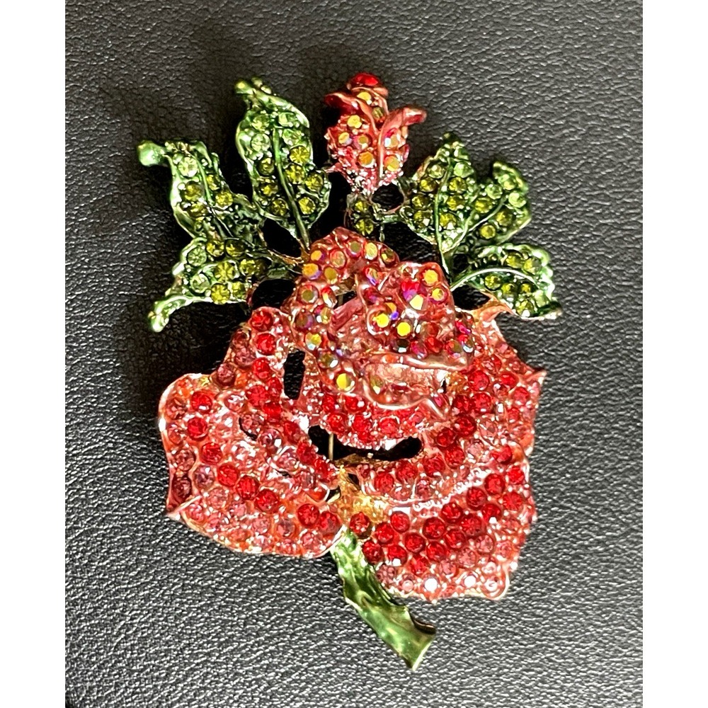 Rhinestone Flower Brooch Red Green Enamel Rose Gold Tone Floral Pin Large